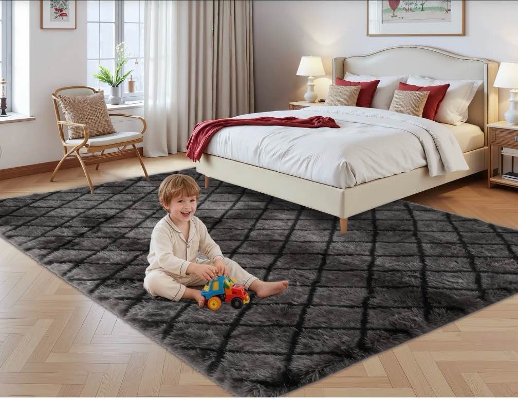 CozyDesg Shag Area Rugs,4'x6' Soft Fluffy Shaggy Carpet for Living Room,Large Rug for Bedroom Dining Room Home Decor Room Decor,Dark Gray & Black