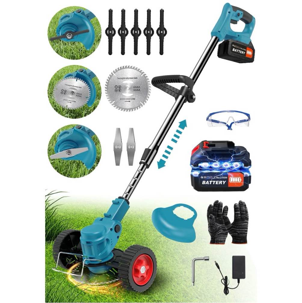 TNTANTS Weed Wacker Cordless, 3-in-1 Lightweight Electric String Trimmer with 3 Types of Blades, Wheels, 24V Battery, Weed Eater Grass Trimmer/Edger/Brush Cutter for Lawn Yard Garden (Blue)