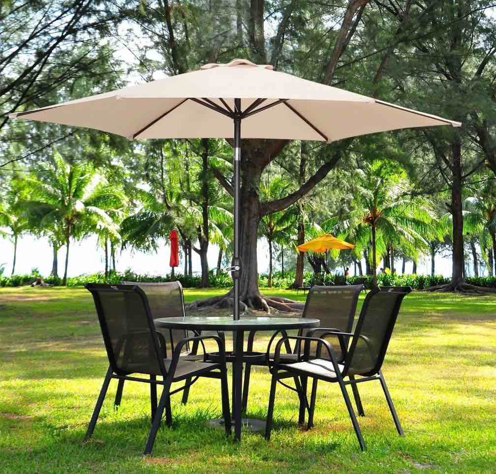 Ainfox 9ft Khaki Patio Umbrella with Push Button Tilt and Crank  Waterproof UV Sunshade Canopy