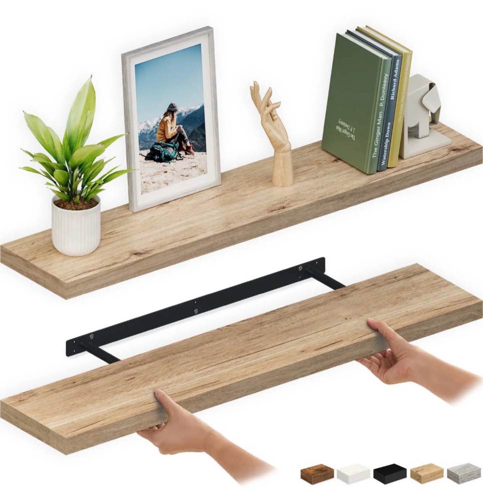 Ballucci 48  Floating Shelves  2-Pack Wood Wall Shelf Set with Invisible Brackets  8  Deep  Oak Finish