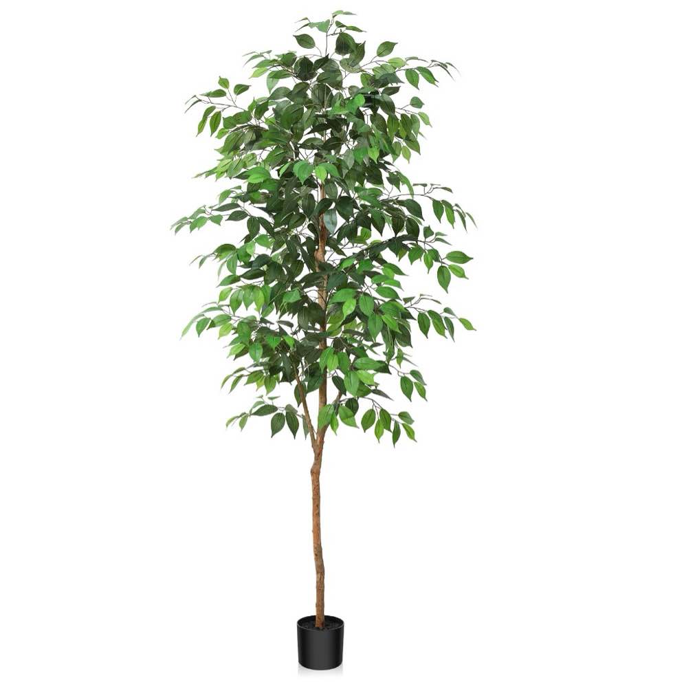 6FT Artificial Ficus Tree with Natural Wood Trunk and Lifelike Leaves, Silk Fake Potted Tree with Wood Branches, Faux Tree for Office Home Decor