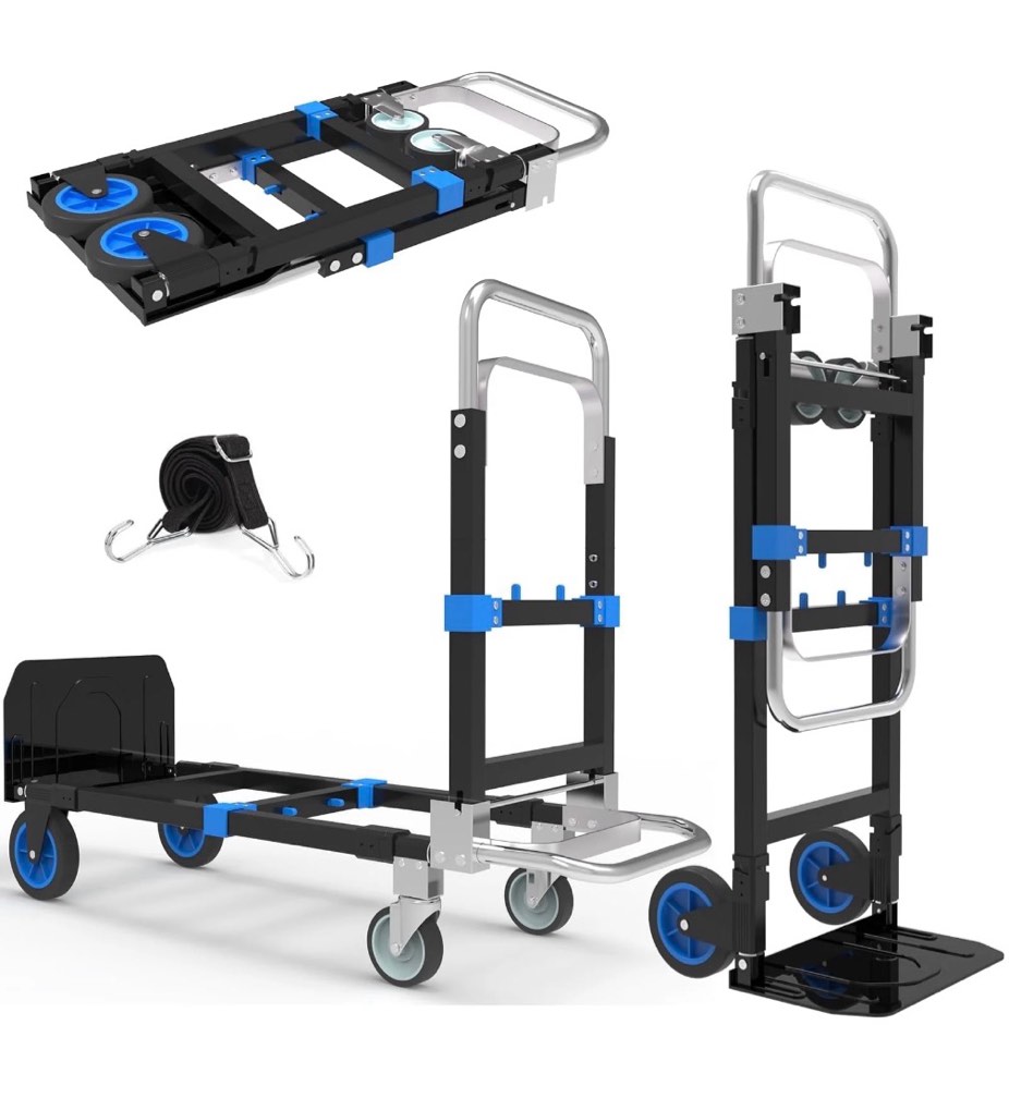 3-in-1 Heavy Duty Folding Dolly, Convertible Hand Truck Portable Steel with Telescopic Handle & Dolly Cart with Rubber Wheels, 580LB Capacity,Blue