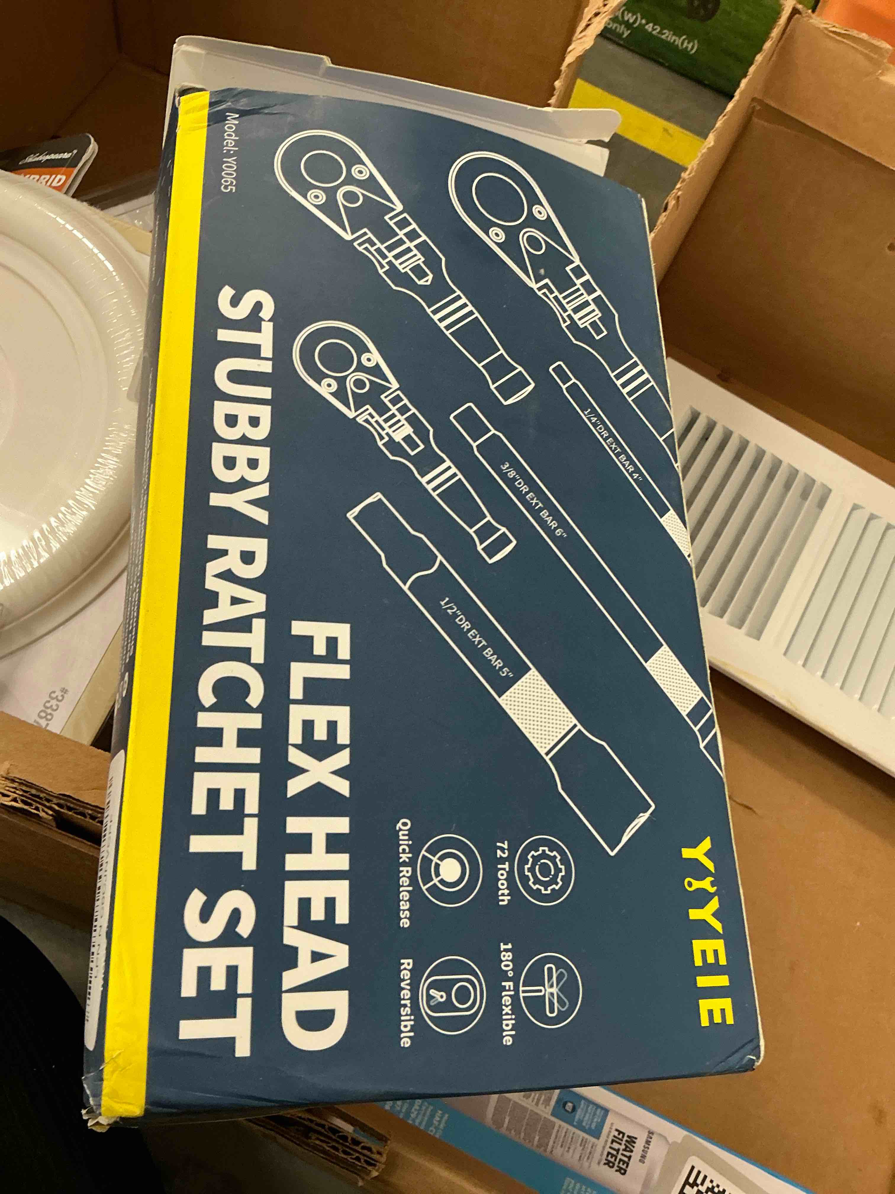 Condition photo showing Good Condition for yiyeie stubby flex head ratchet set, 6pcs stubby ratchet set 1/4 3/8 1/2 inch with 3 extension bars, 72 tooth reversible & quick-release, 180° swivel head mini handle with eva foam