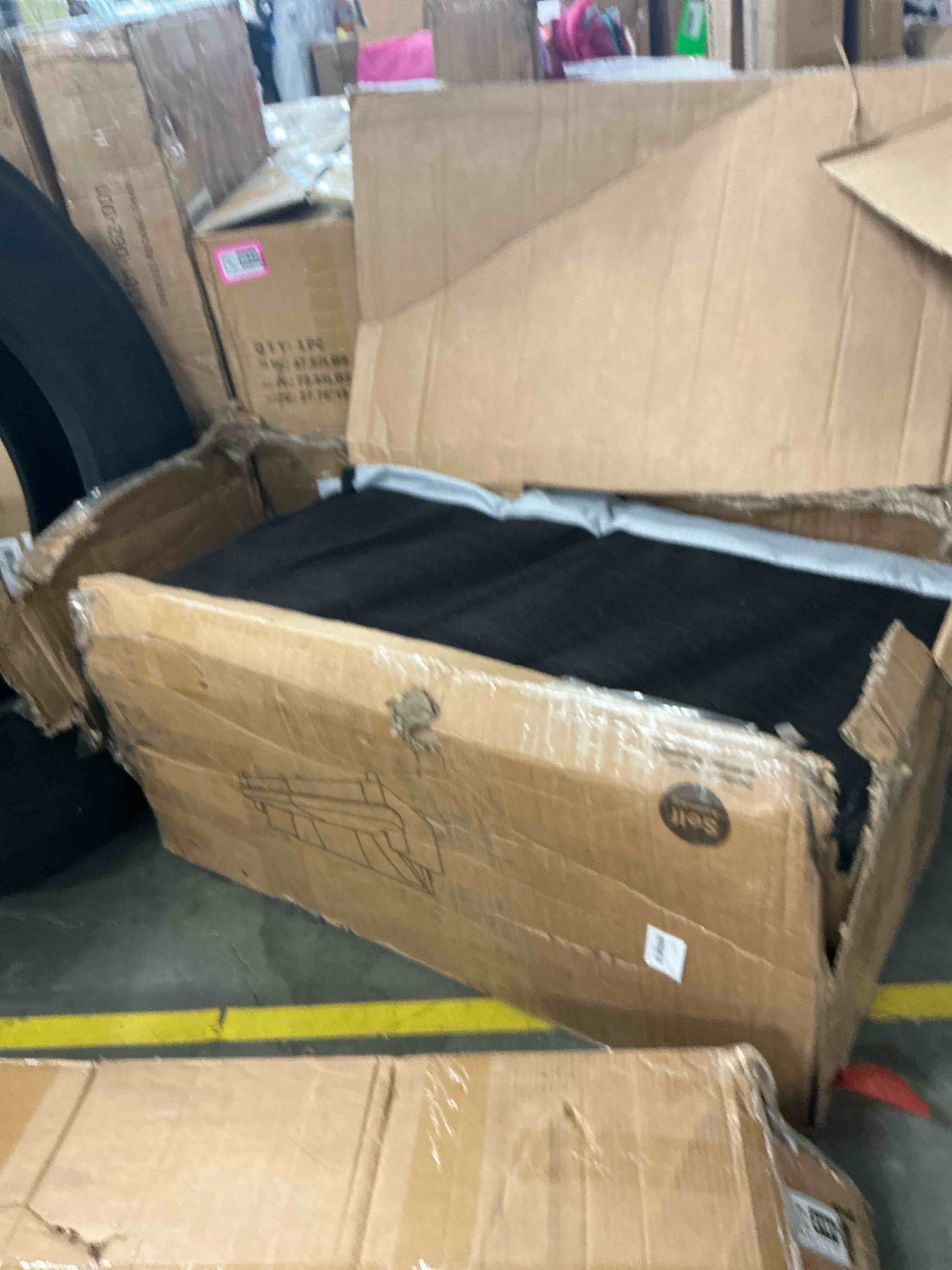 Condition photo showing As Is for 87" corduroy sofa,3 seater sofa with extra deep seats,neche comfy upholstered couch for living room,2 pillows,black incomplete.
