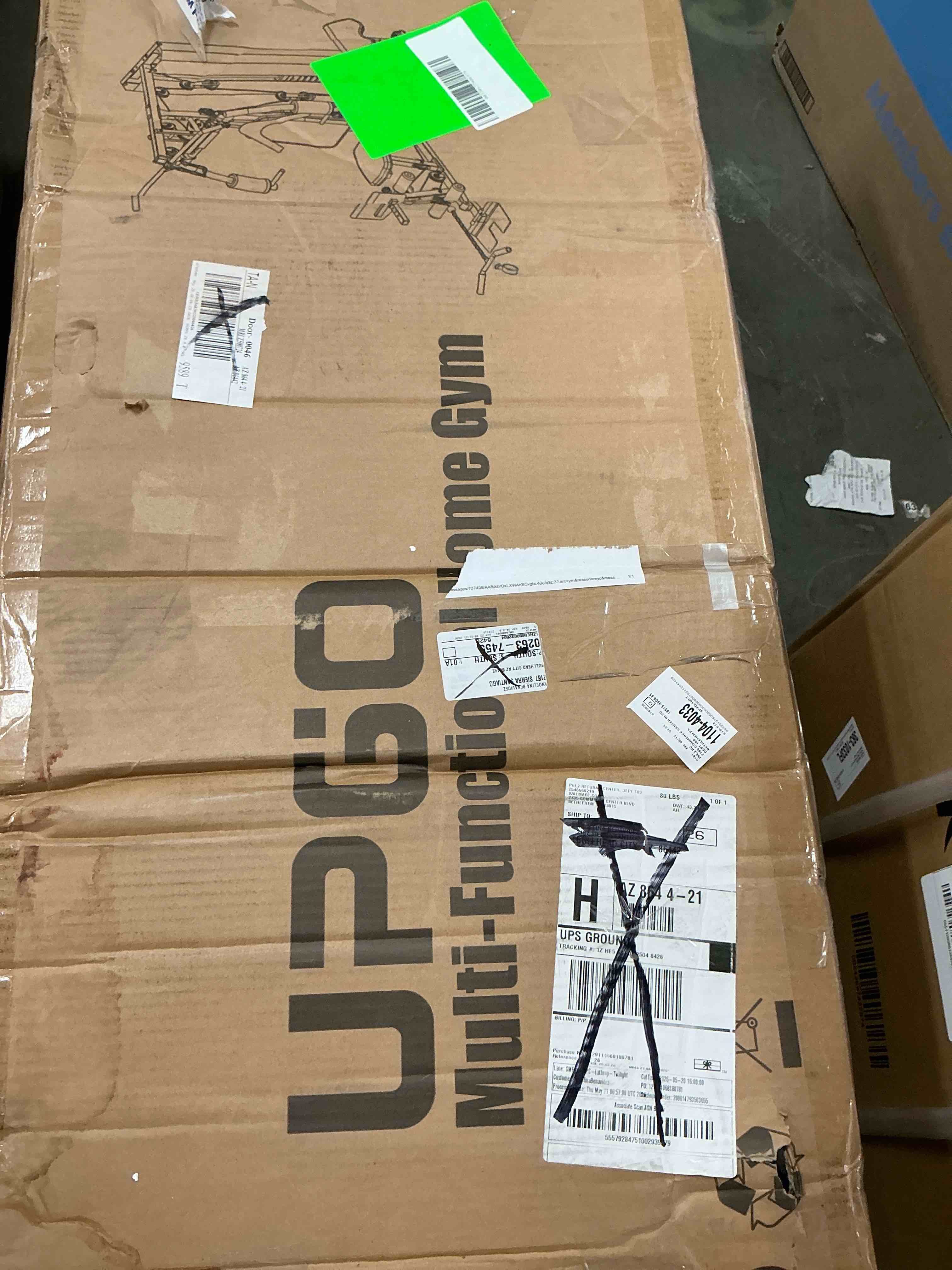 Condition photo showing As Is for upgo home gym station, workout equipment with 154lbs weight stack, leg press and preacher curl pad (( box 2 of 4 ))