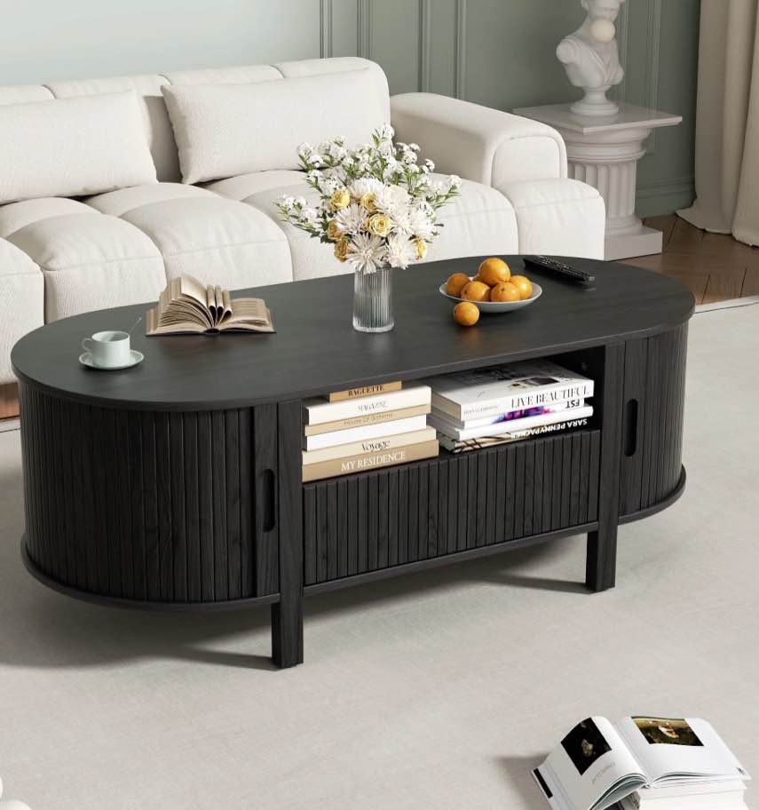marnur coffee table with storage, tambour sliding door, open shelf, mid century modern center table with drawer for living room, black