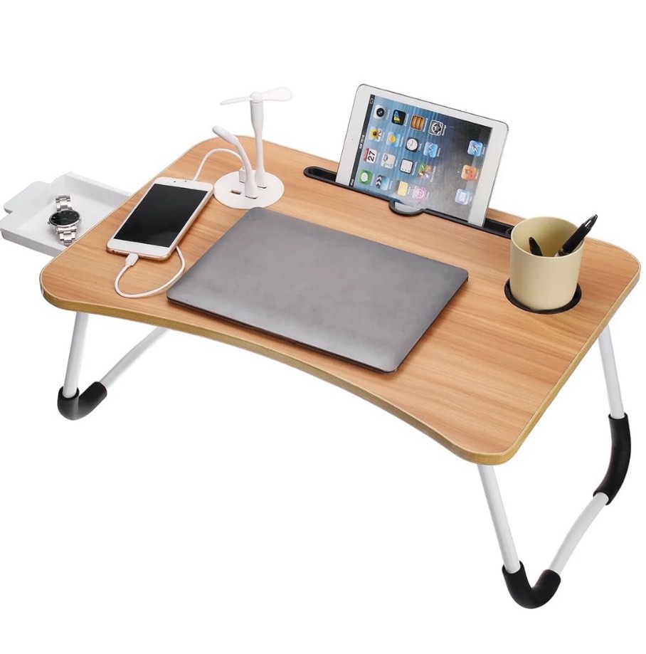 honeier lap desk for bed, foldable laptop desk with 4 usb ports, cup holder, drawer, mini lamp and fan, portable bed tray for laptop and tablet, light brown