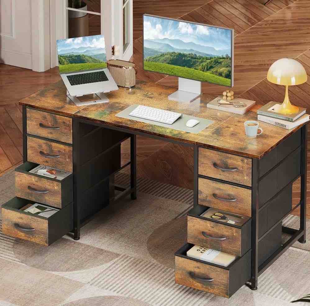 vintage computer desk with drawers for storage - 48 inch home office desk with 8 fabric drawers, writing study desk with drawers on both sides for bedroom