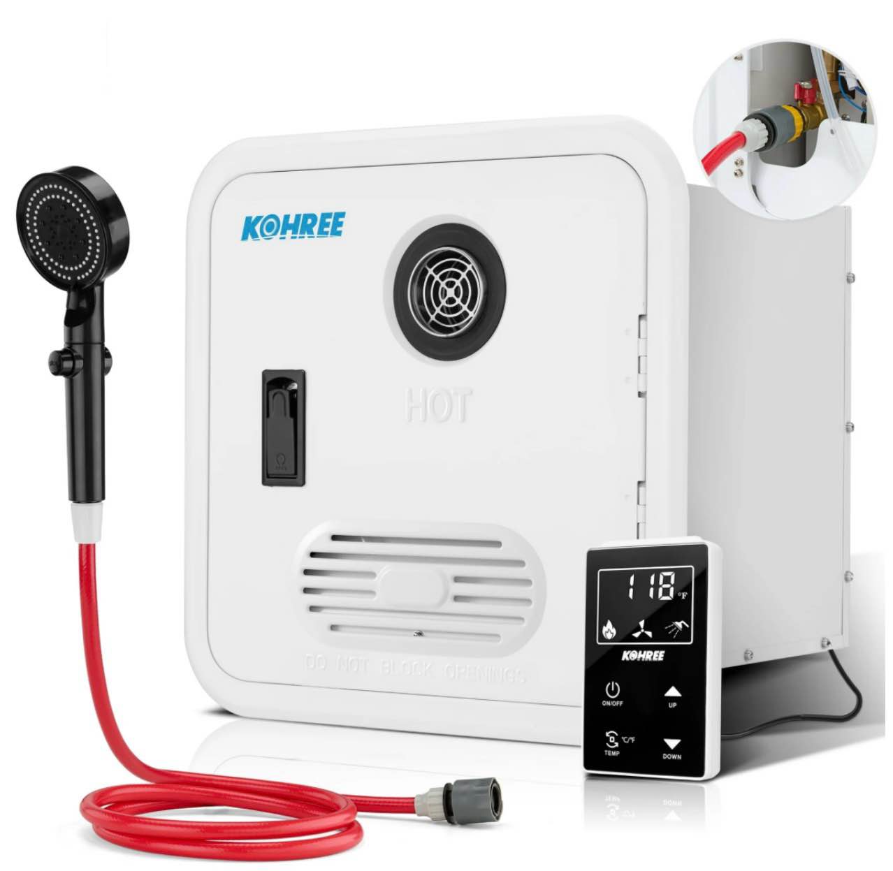 Kohree Upgraded 60 000 BTU RV Tankless Water Heater Propane  On-Demand Hot Water with 15 x 15 inches Door  Remote Controller and External Shower for RV Campers