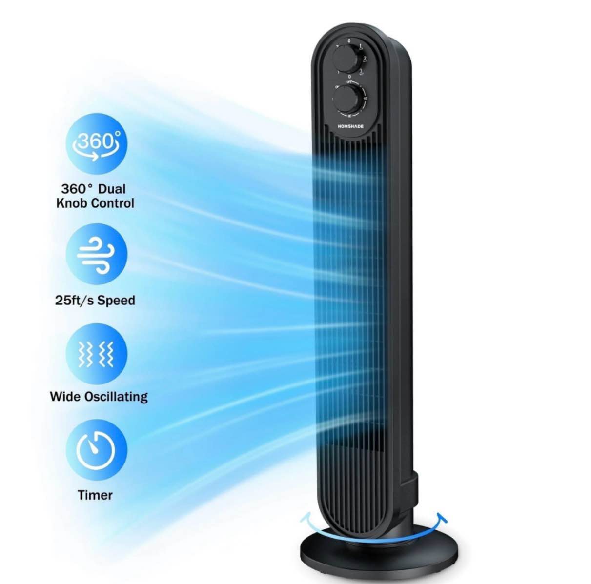 Tower Fan  31  Oscillating Standing Fan for Home TASKBAY Floor Fan with 360°Dual Knob Control  3 Speed  Timer Bladeless Fan for Bedroom Office  Black