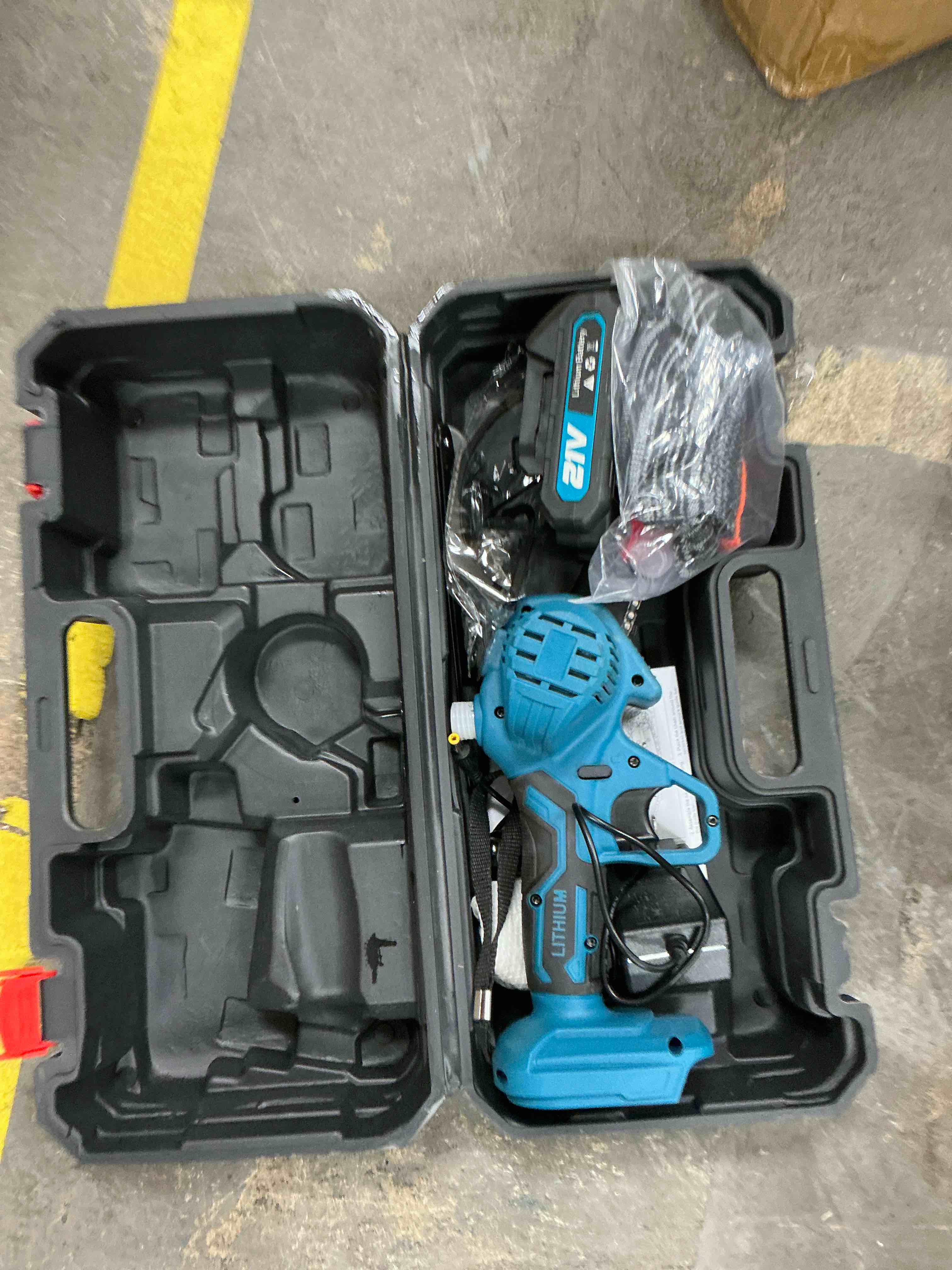 Condition photo showing As Is for gped mini chainsaw cordless 6 inch with 2 battery, mini power chain saw with security lock, electric chainsaw, handheld small chainsaw for tree trimming wood cutting, blue