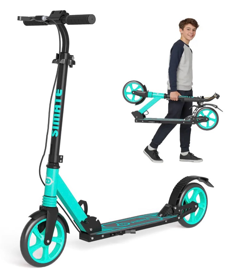 simate kick scooter with dual brakes for teens,adults & kids ages 6+,dual suspension foldable lightweight scooter with wide deck,8 in big wheels,max load 240 lbs