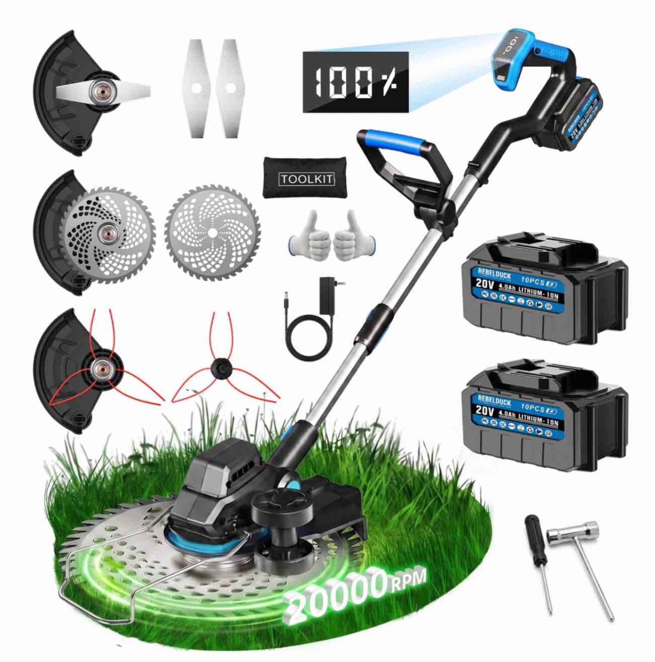 cordless electric weed wacker with 2 × 4.0ah batteries brushless weed eater 3-in-1 grass trimmer & lawn mower multi-functional garden tool blue