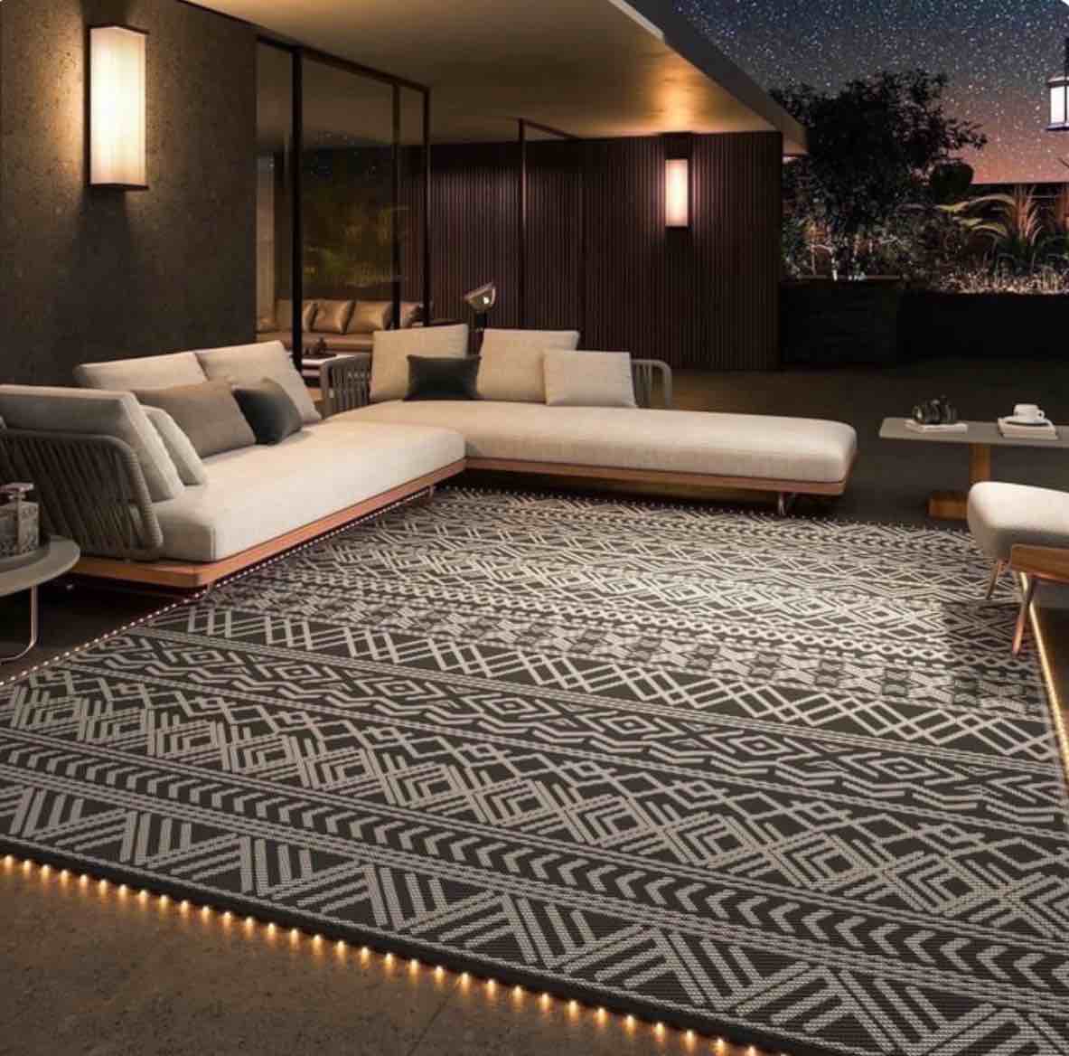 sixhome outdoor rug with led strip lights 9 x12 waterproof reversible patio rug boho geometric indoor outdoor rugs lightweight plastic straw rug for rv camping deck balcony modern porch decor black