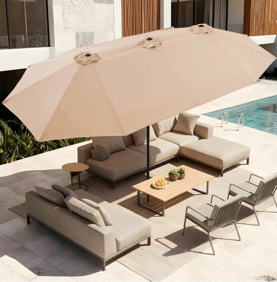 Condition photo showing Good Condition for amadwell 13ft large patio umbrella, double sided outdoor rectangular umbrellas with fade resistant canopy, beige