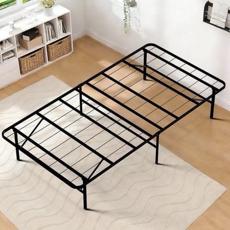 housniflex heavy duty foldable metal twin size bed frame no assembly steel platform with rounded corners 14 inch high easy storage black