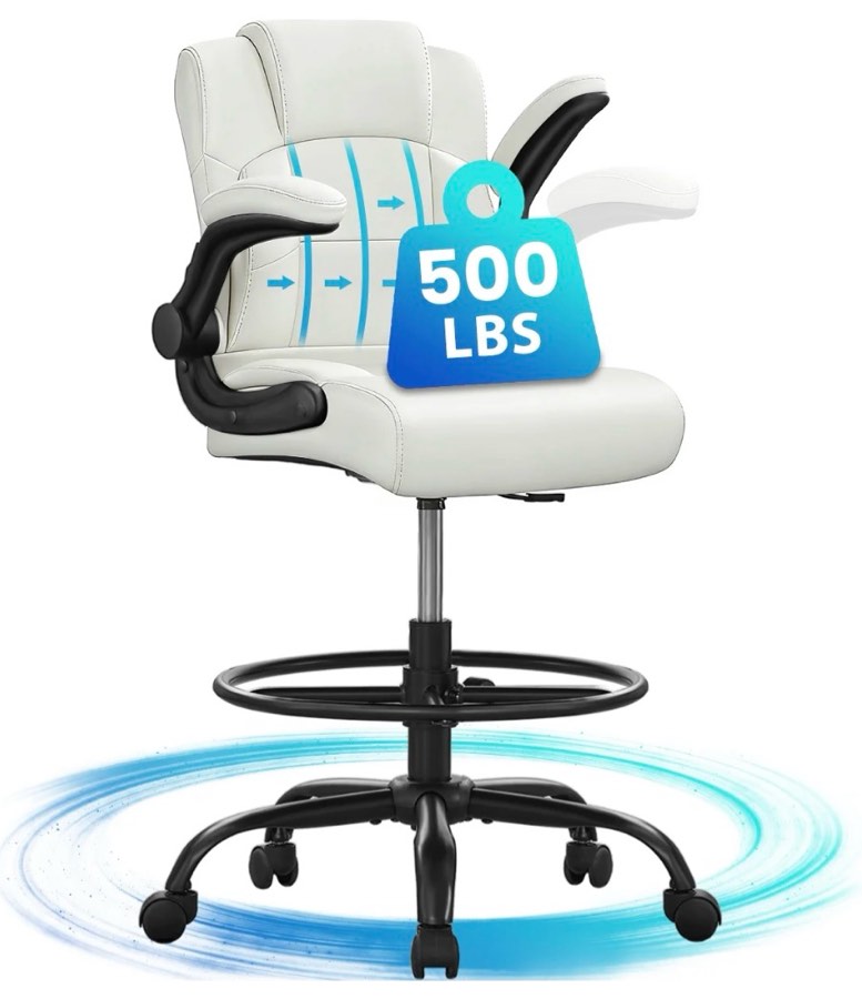 jonpony 500 lbs tall office chair with flip-up armrests for standing desk executive ergonomic computer leather desk chair with lumbar support, adjustable foot ring for home,white