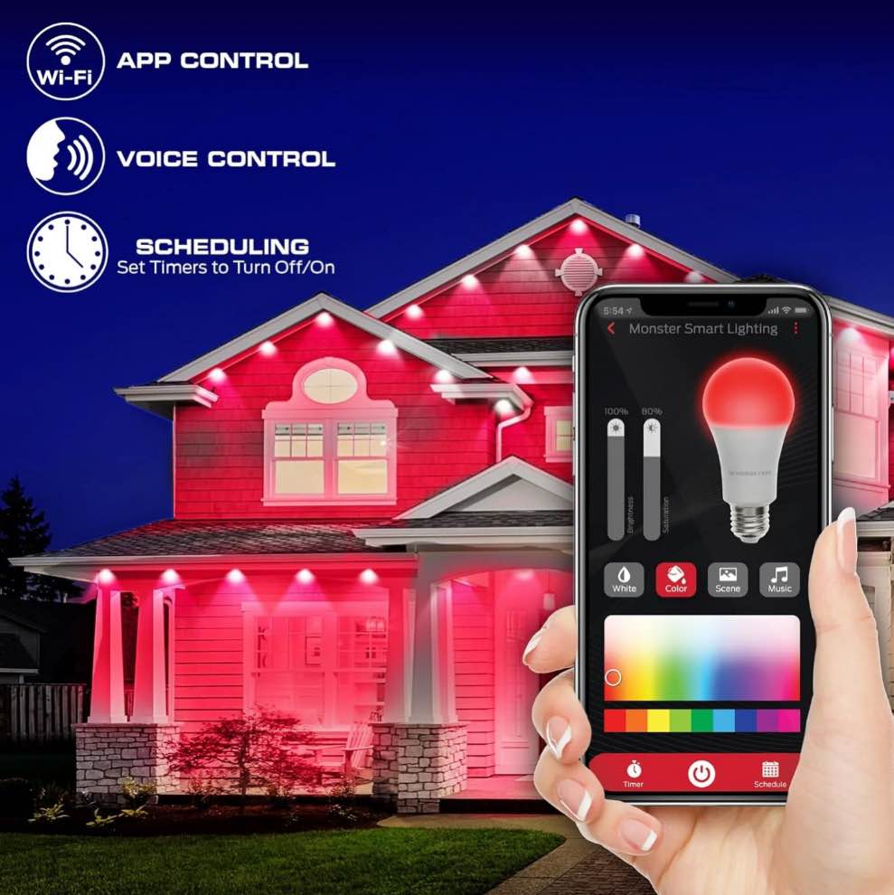 Monster Smart Outdoor Accent Lights  200ft  144 LED RGBIC+ Multiwhite  All-Weather  App & Voice Control  Sound-Reactive  Customizable Lighting with Scheduling & Timer