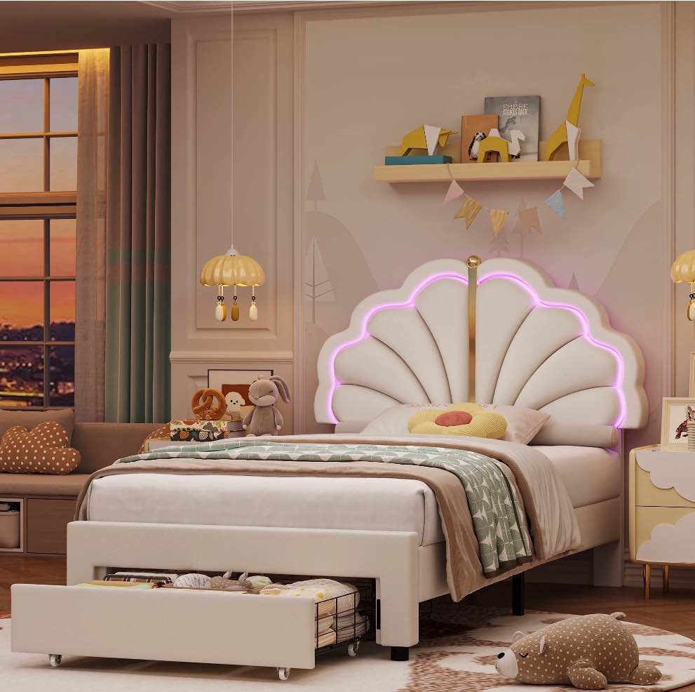 Hiphuta Full Upholstered LED Bed Frame with Storage Drawers, Platform Bed with Adjustable Cute Headboard, Velvet White