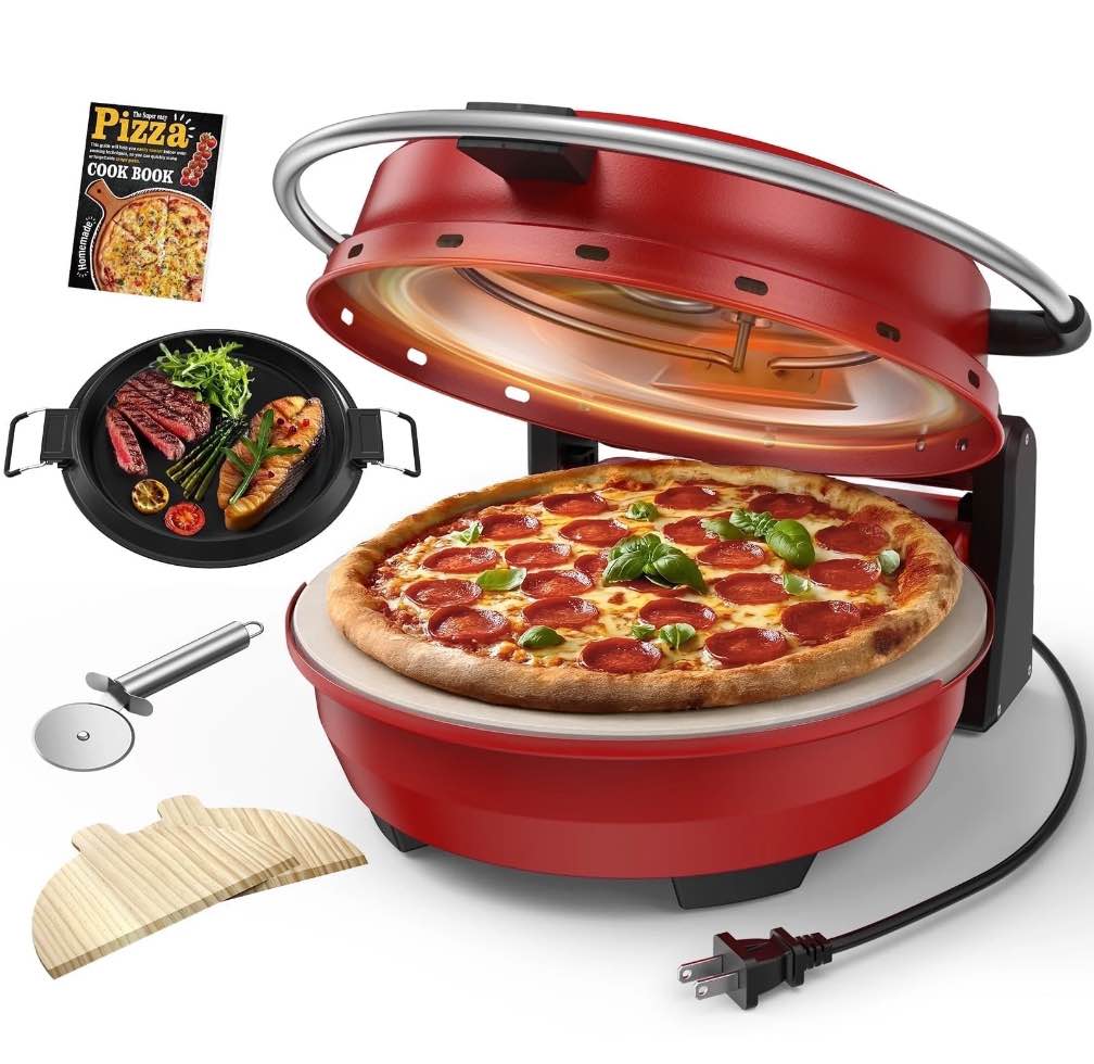 AIRMSEN 2-In-1 Pizza Maker with Grill Pan, 1500W Electric Pizza Oven Indoor Countertop Pizza Machine with 12-Inch Ceramic Stone Heats Up To 800? for Neapolitan & New York Style Pizza at Home