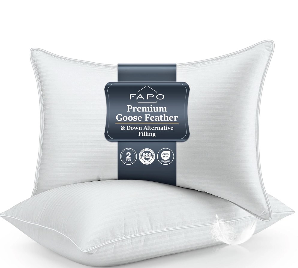FAPO Goose Feather Pillows Queen Size Set of 2, Hotel Down Bed Pillow for Sleeping,Soft 600 TC Cotton Cover