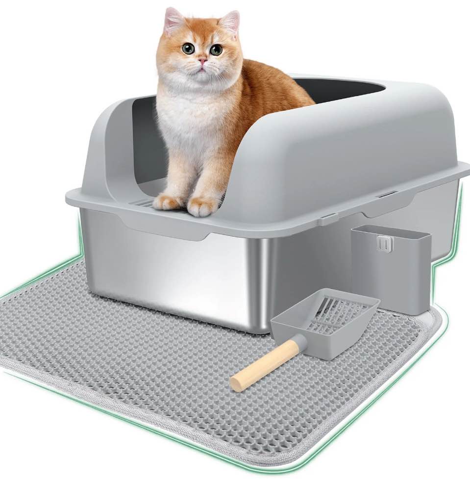 Anyask Stainless Steel Cat Litter Boxes with Lid High Wall Sides Enclosure for Small Mulit Big Cat