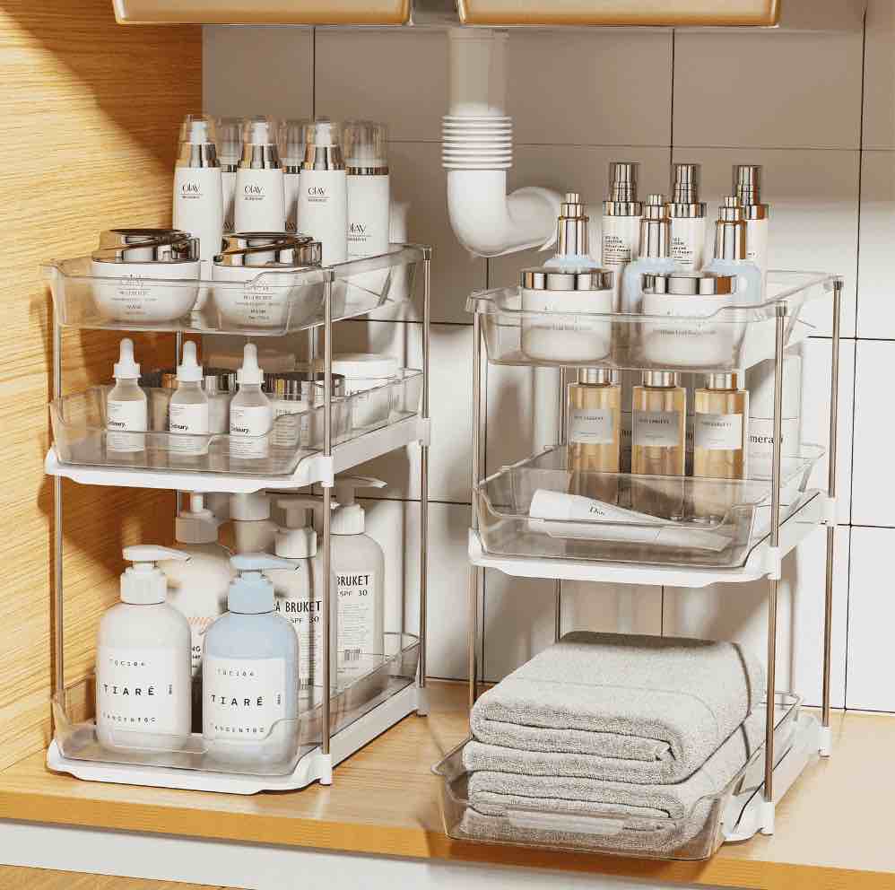 TEAFIRST 2 Tier Under Sink Organizer Rack Shelf Storage Drawer Unit for Bathroom Kitchen White 13.19 (2 Pack)