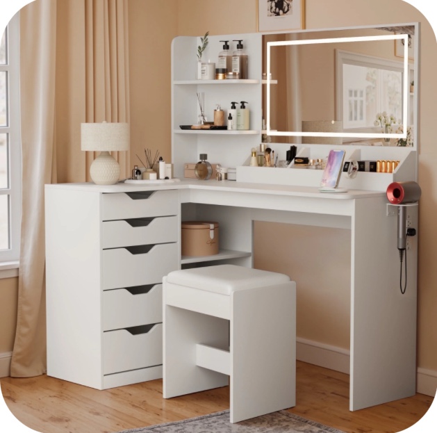 Homall L-Shaped Vanity Set with LED Mirror, Power Outlet, Makeup Vanity Desk with 2 Shelves, 5 Drawers & 1 Seat, Dressing Table for Bedroom Girls Women, White