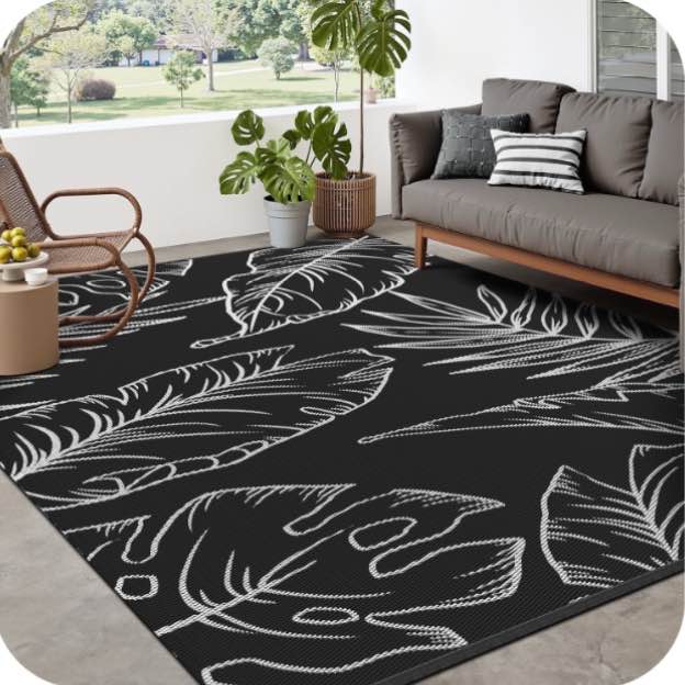 SIXHOME Outdoor Rug Carpet 8'x10' Waterproof Reversible Patio Rug Portable Tropical Indoor Outdoor Rug Plastic Straw Rug for RV Camping Garden Picnic Deck Backyard Modern Porch Decor Black and White