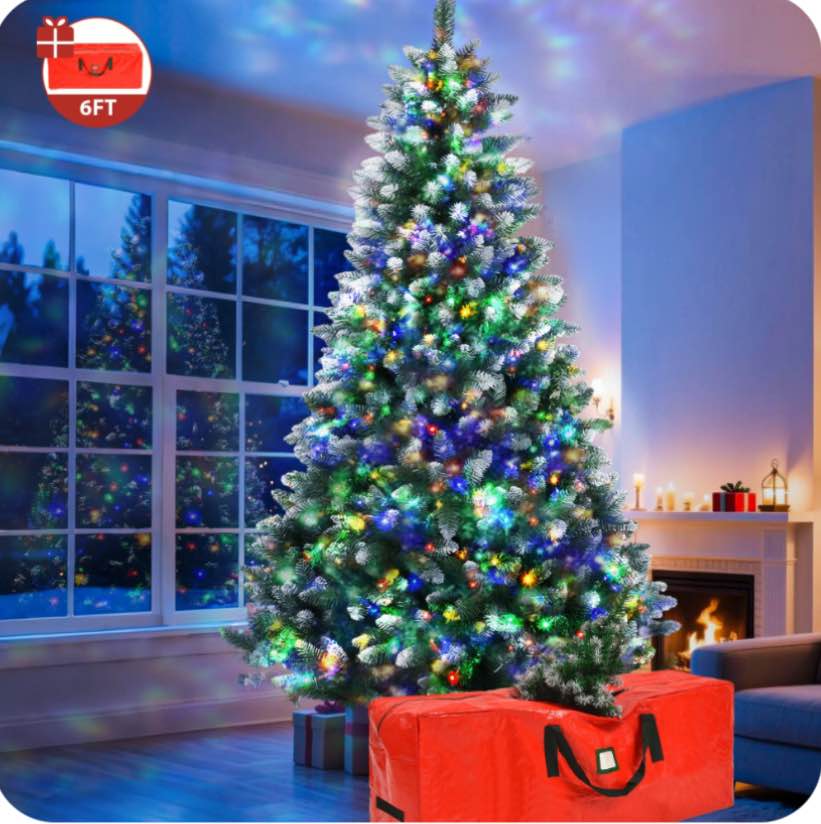 Yexmas 6ft Pre-Lit Green Christmas Tree, 11 Modes Colored LED Lights, Artificial Xmas Tree with Large Storage Bag