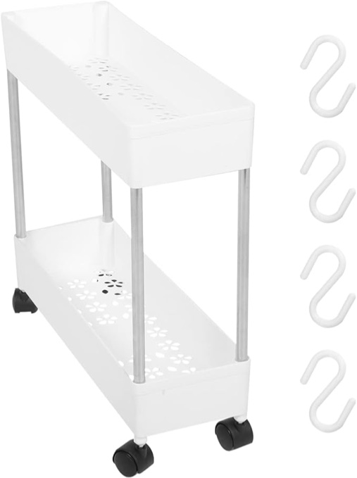 Housoutil Slim Rolling Storage Cart, 2-Tier Mobile Shelving Unit, White Plastic and Iron Trolley Rac