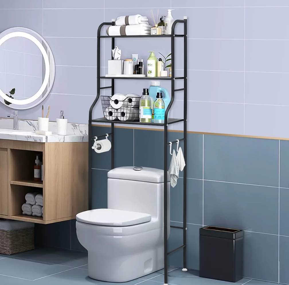 HONEIER Over the Toilet Storage Rack, 3 Tier Bathroom Space Saver, Bathroom Corner Stand Storage Organizer Accessories Bathroom Towel Shelf 22"W Black