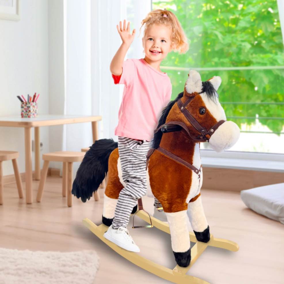 Playful Minds: Classic Rocking Horse - 29" Soft Stuffed Ride-On Pony, Sound Effects, Animated Tail & Mouth, Saddle-Bridle-Reigns, Wood Base, Kids 3+