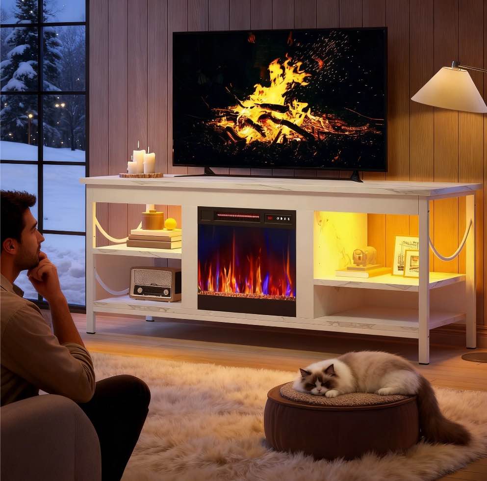 Pinmoco Electric Fireplace TV Stand for TVs up to 65", LED Entertainment Center with Open Storage Shelves for Living Room, Bedroom, White Marble