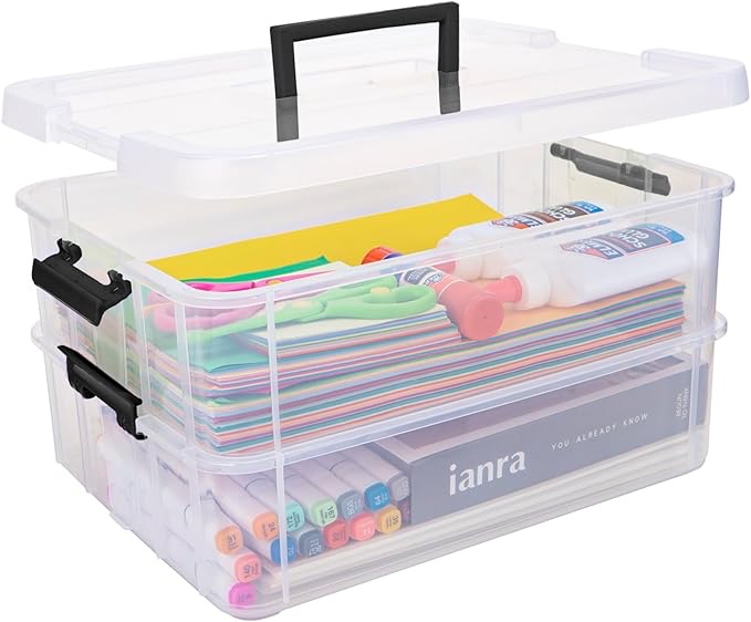 2 layer plastic storage containers with lids, multipurpose clear stack & carry box, portable craft organizers and storage bin for organizing art & craft, sewing, makeup, nail supplies (black)