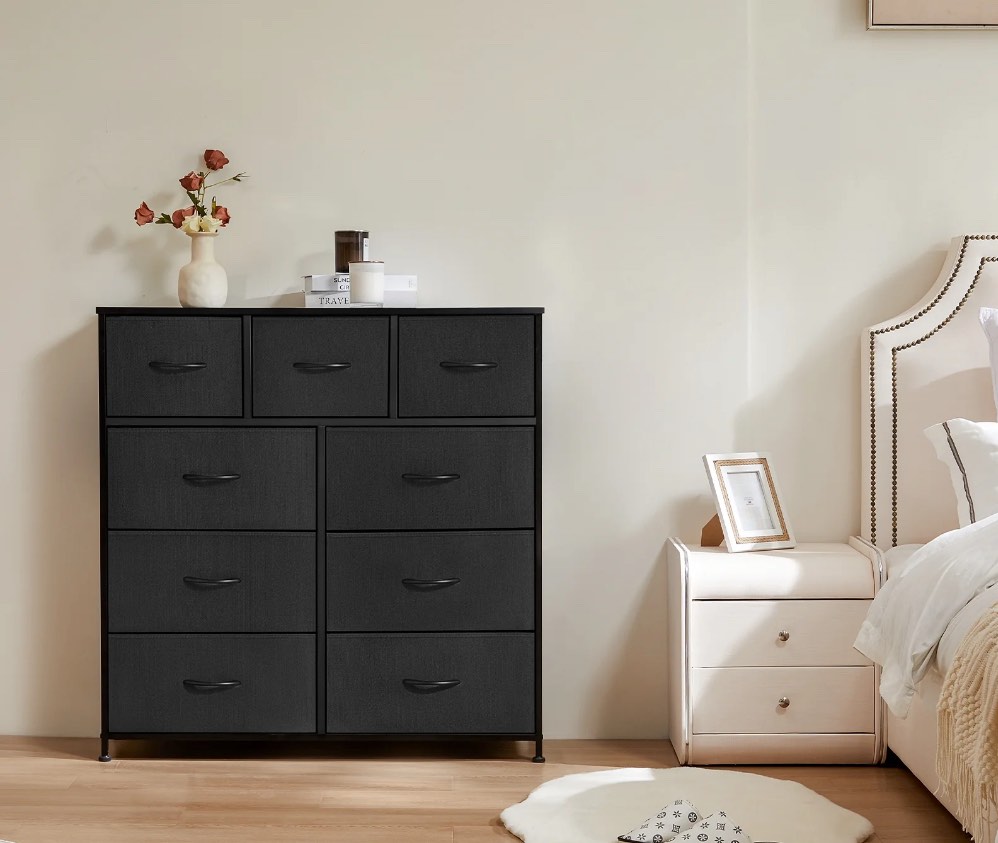 CONCETTA 9-Drawer Fabric Dresser, TV Cabinet Sideboard, Storage Organizer Cabinet for Living Room, Bedroom, Office, Black