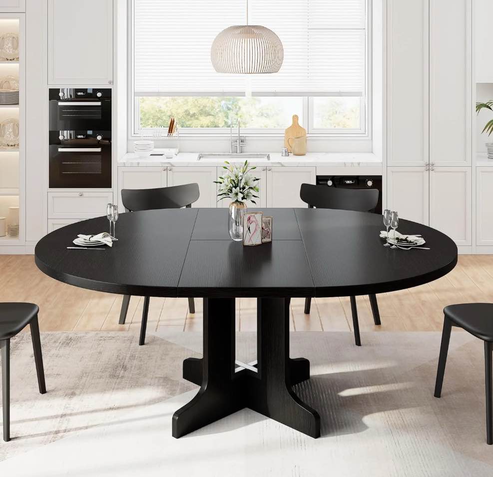 iPormis 59" Extendable Round Dining Table for 6, Modern Kitchen Table with Sturdy Wooden Base, Dining Room Table with Thickened MDF Board, Perfect for Small Space, Black