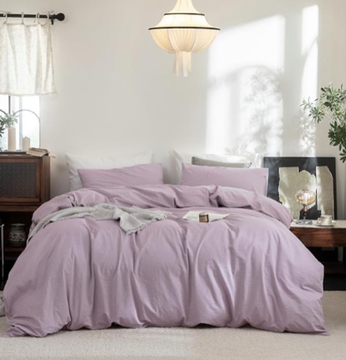 FOSSA Duvet Cover Set 100% Washed Cotton Linen Feel Super Soft Breathable Cozy 3 Pieces Bedding Sets Solid Light Purple Queen