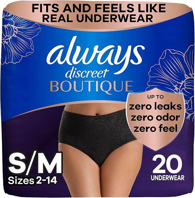 Always Discreet Boutique Incontinence and Postpartum Underwear for Women, Maximum Protection, S/M, Black, 20 Count (Packaging May Vary)