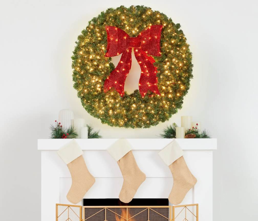 Best Choice Products 60in Artificial Pre-Lit Fir Christmas Wreath Decor w/ Red Bow 375 LED Lights 900 Tips Plug-In