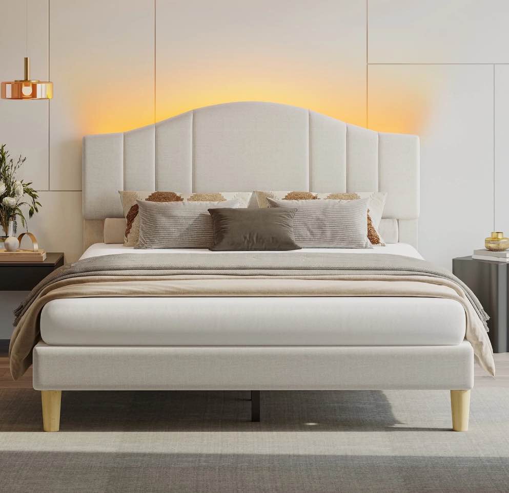 Pinmoco Full Upholstered Bed Frame with Adjustable Arc-shaped Headboard, LED Platform Bed, Fabric Beige