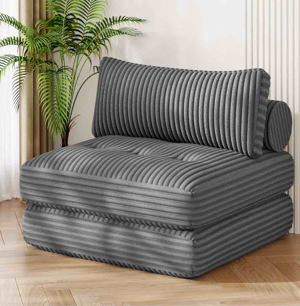 Neche Corduroy Folding Sofa Bed, Convertible Sleeper Chair with Pillow Foldable Mattress with Back Support, Portable Fold Out Chair Bed Comfy Floor Sofa Lounge for Living Room Bedroom, Gray, Single