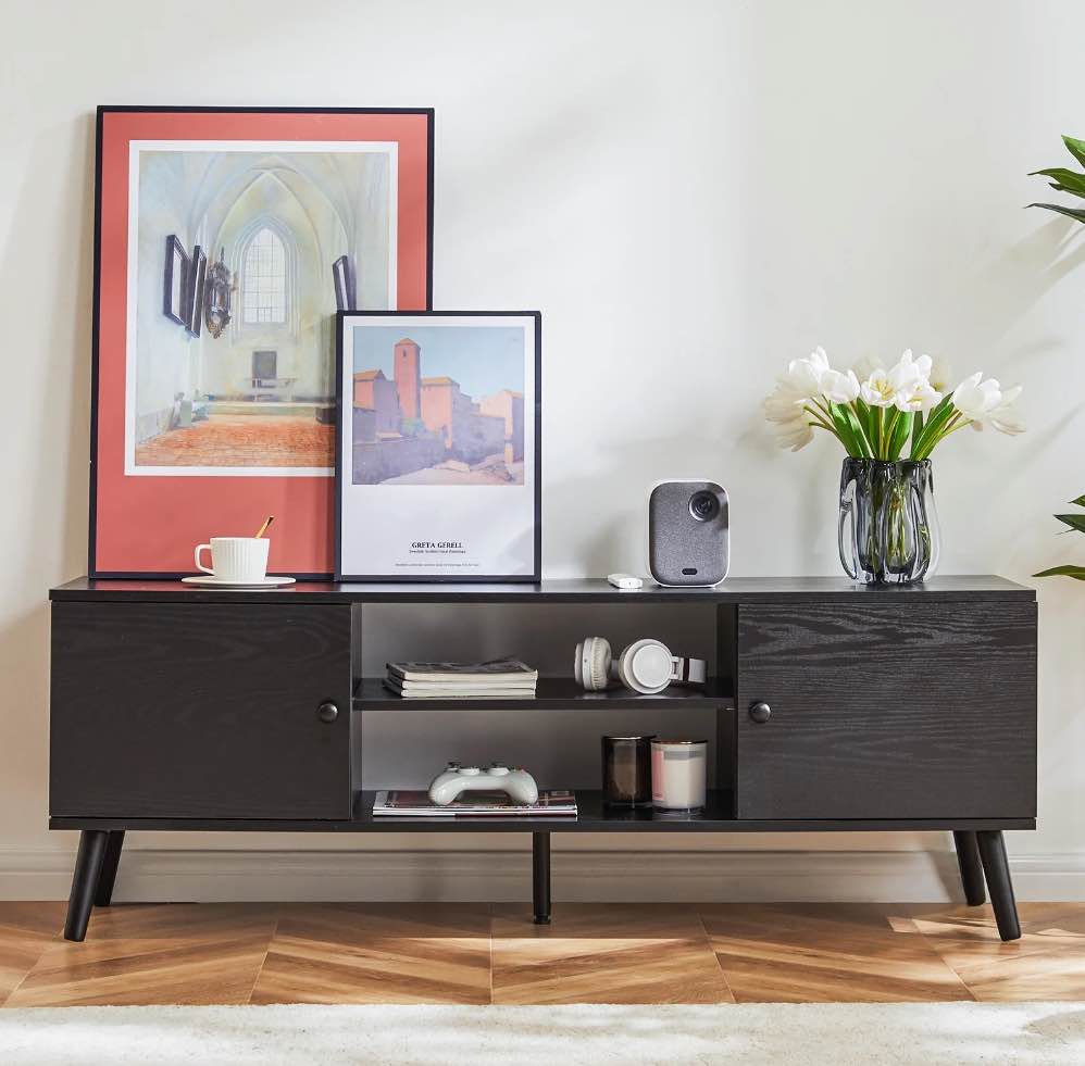 edx Modern TV Stand for 55-60 inch TV, Mid Century Entertainment Centre, Media Console Table with Storage for Living Room, Office, Black