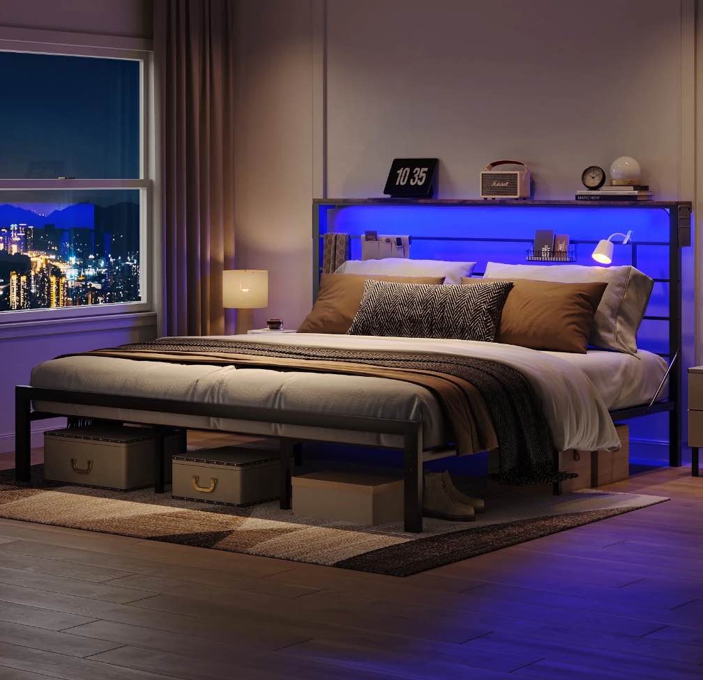 Bestier King Size Bed Frame with 49.2" High LED Storage Headboard Shelf, Metal Platform Bed, Black