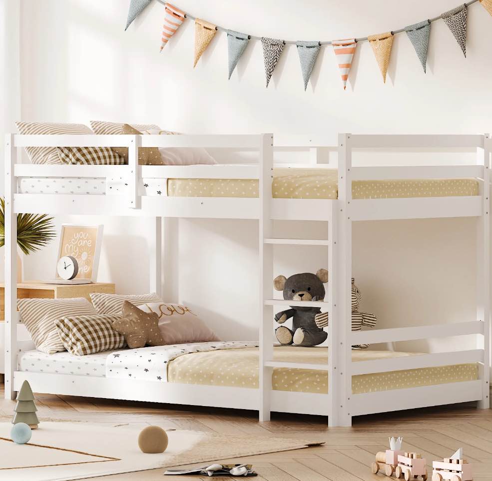 Zimtown Bunk Bed Twin Over Twin,Kids Low Floor Bunk Bed with Guard Rails for Children Boys Girls Dormitory Bedroom,No Box Spring Needed,White