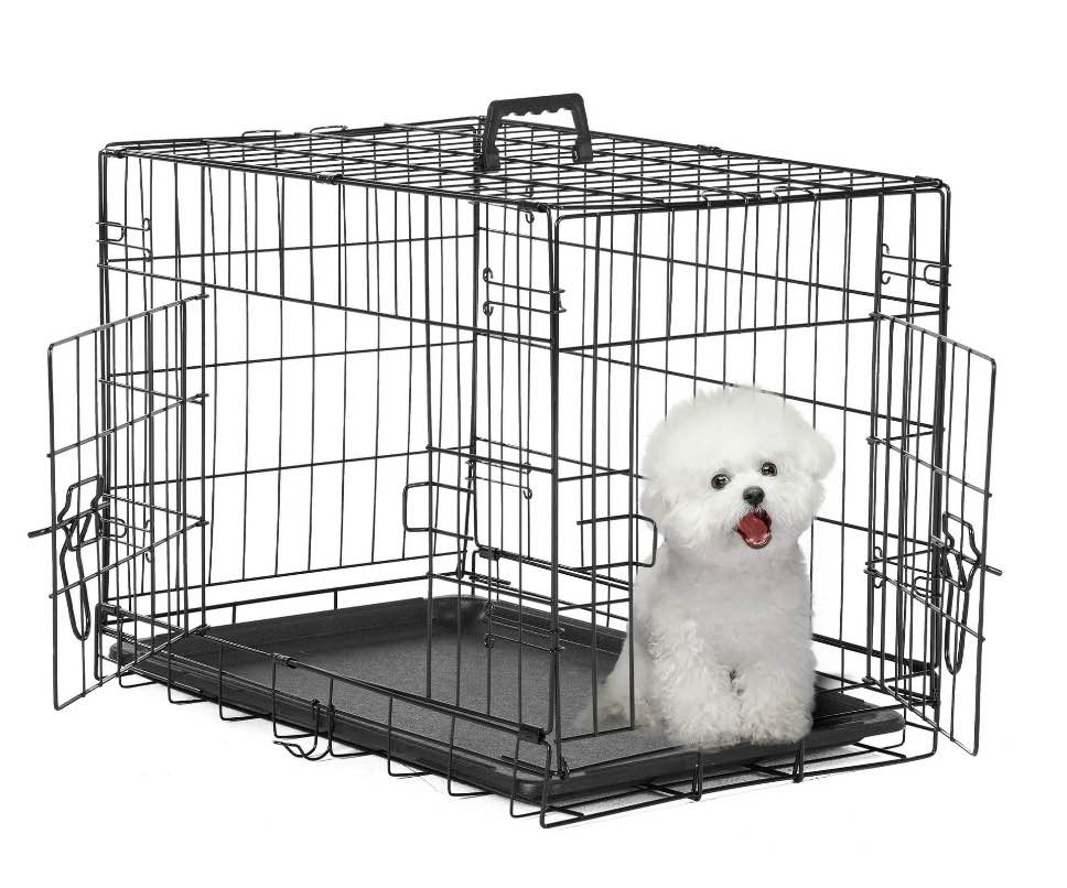 EDX Small Dog Crate with Divider Panel, 24" Double Door Folding Metal Wire Dog Cage with Plastic Leak-Proof Pan Tray
