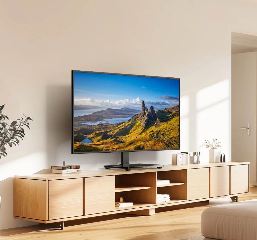 MountFTV Universal Table Top TV Stand for 32-80" Flat Screen TVs with 9 Height Adjustable,Universal Tabletop tv stand with Alloy Steel Glass Base, Max 600x400mm, Holds up to 110 lbs