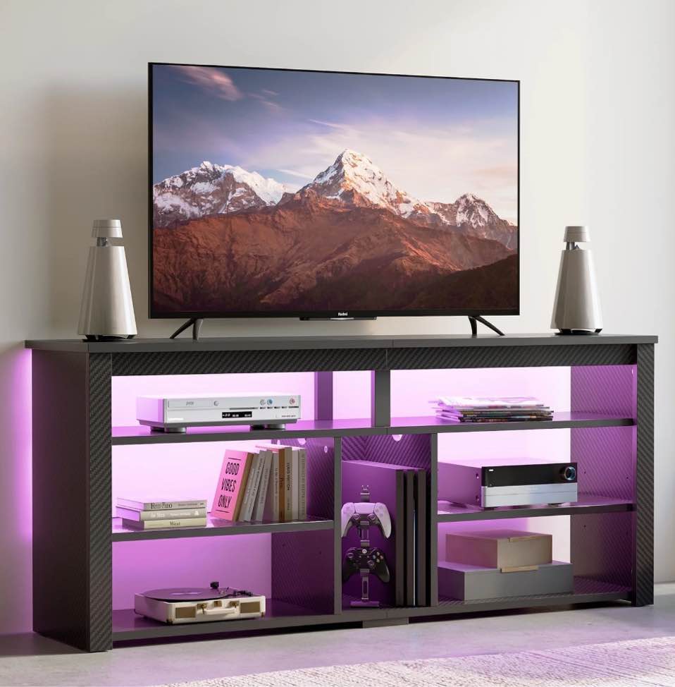 Bestier Tall TV Stand for 65" TVs,Entertainment Center with PS5 Storage,LED TV Stands for Living Room,TV console with Adjustable Storage Shelf,Carbon Fiber Black TV Stand