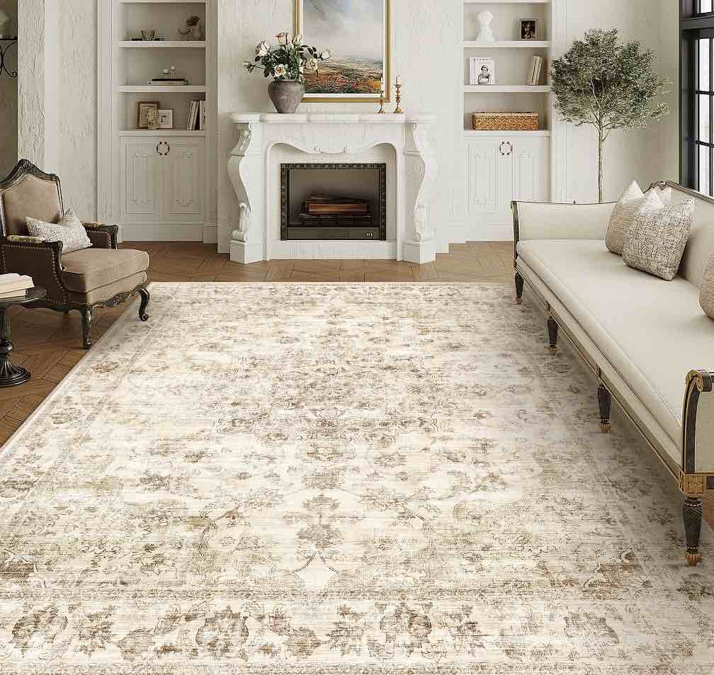 WIPONKEN 10x14 Area Rugs for Living Room Bedroom Dining Room Office Farmhouse, Machine Washable Non Slip Vintage Persia Rug Beige