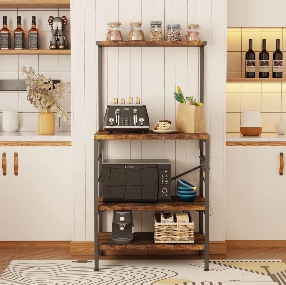 Cheflaud Kitchen Baker s Rack Storage Shelf Microwave Cart Oven Stand Coffee Bar with Side Hooks 4 Tier Shelves(Rustic Brown)